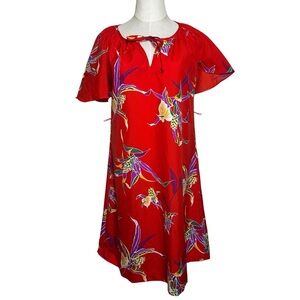 Vtg Hilo Hattie’s Hawaiian Womens XS Midi 90s 80s Dress Bold Flowers Resort Red